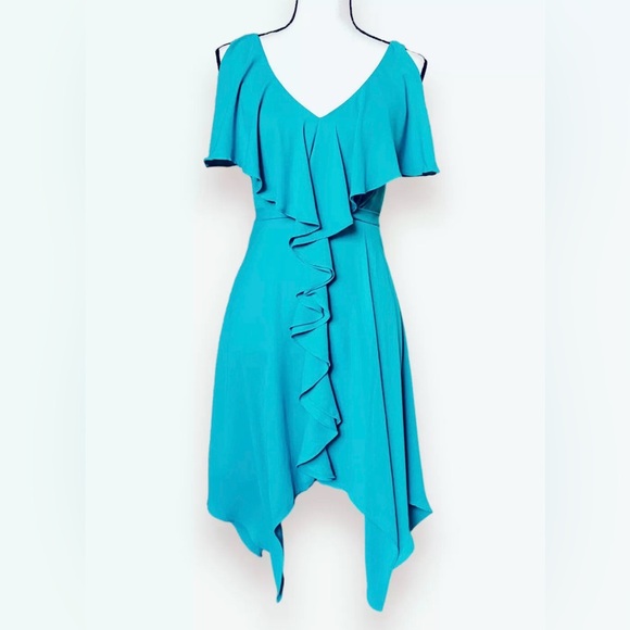 Max and Cleo Blue Asymmetrical Dress with Ruffle Draping - Picture 2 of 8